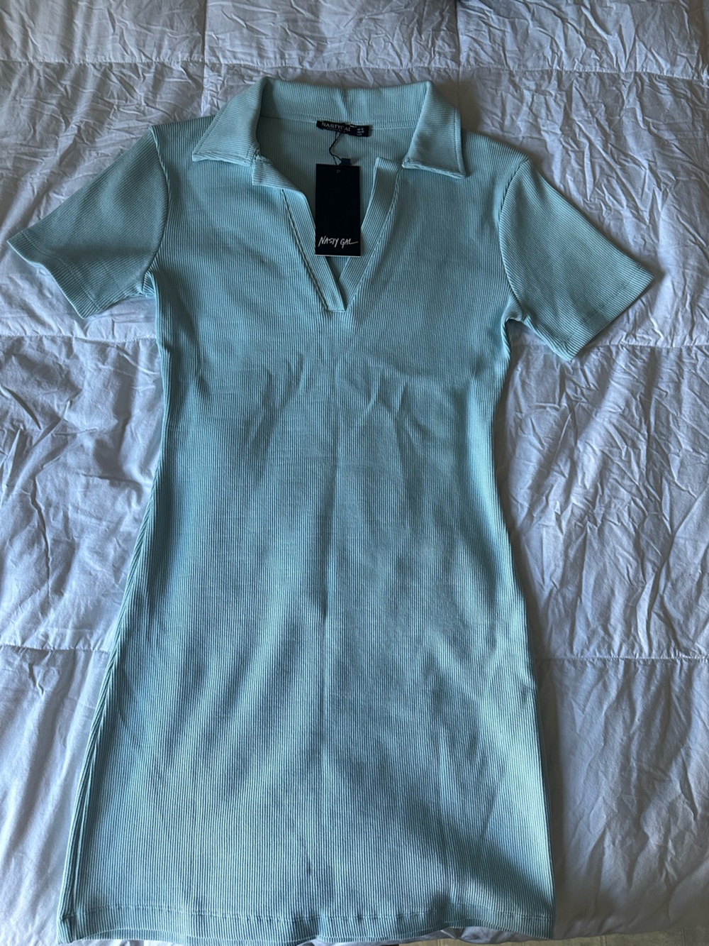 Nasty Gal Light Mint Ribbed Polo V-Neck Short Sleeve Top